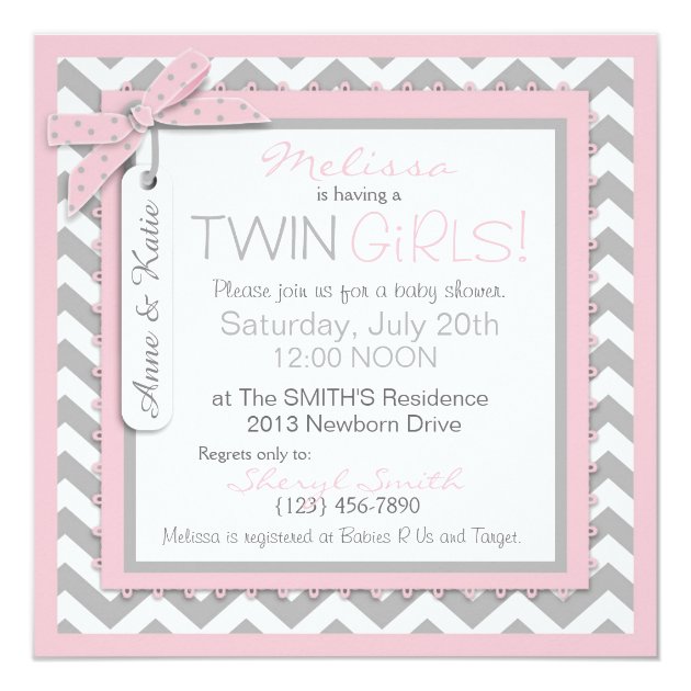 Twin Girls Elephants Chevron Print Baby Shower Invitation