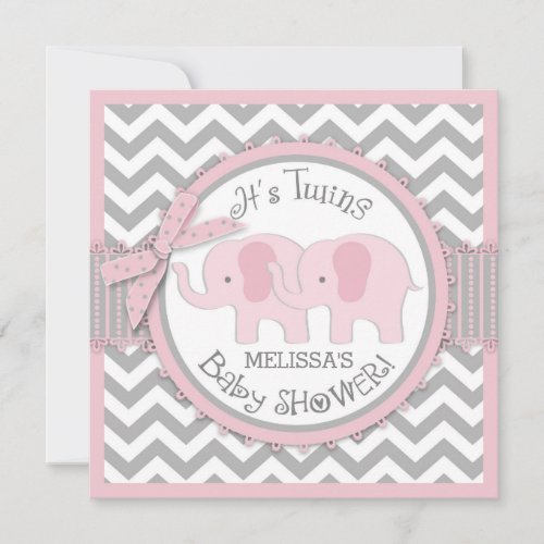 Twin Girls Elephants Chevron Print Baby Shower Invitation