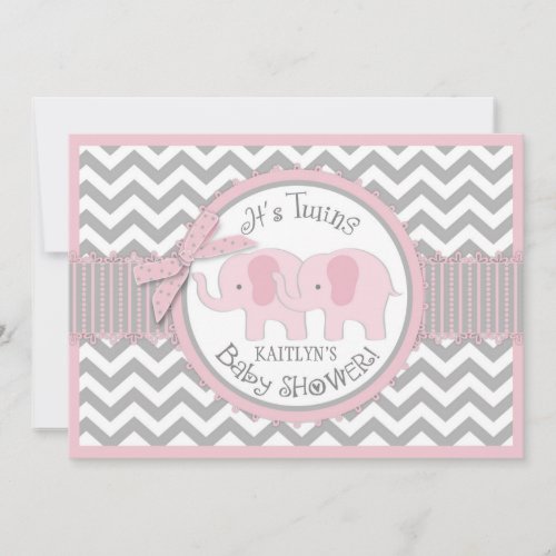 Twin Girls Elephants Chevron Print Baby Shower Invitation