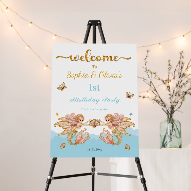 Twin Girls' Fairy Mermaid Birthday Foam Board (In Situ (Stand))