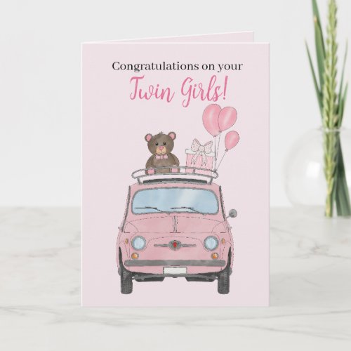 Twin Girls Fiat 500 Congratulations Card