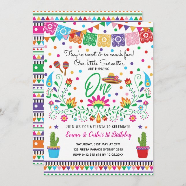 Twin Girls Fiesta Senorita 1st Birthday Party Invitation (Front/Back)