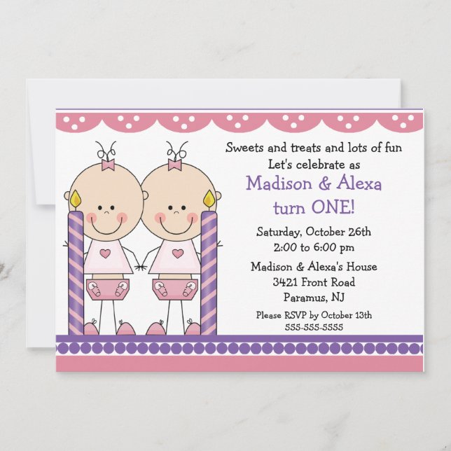 Twin Girls First Birthday Invitation (Front)