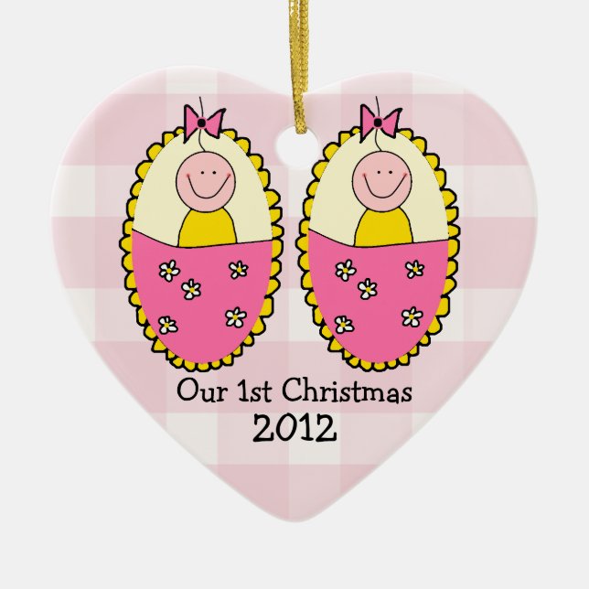 Twin Girls First Christmas Pink Ceramic Ornament (Front)