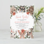 Twin girls floral woodland animals baby shower invitation (Standing Front)