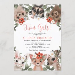 Twin girls floral woodland animals baby shower invitation