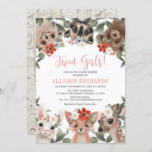 Twin girls floral woodland animals baby shower invitation (Front/Back)