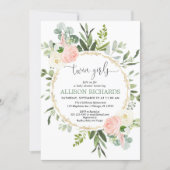Twin girls greenery pink gold floral baby shower invitation (Front)