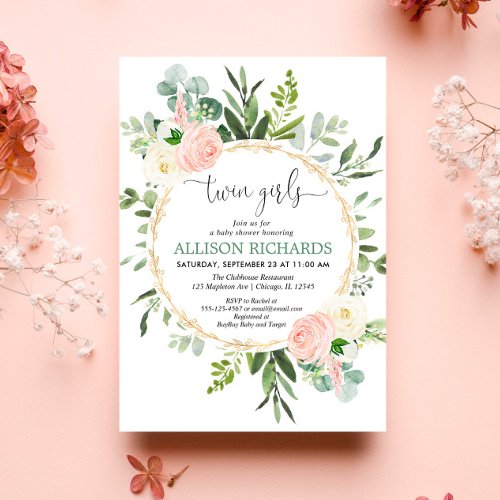 Twin girls greenery pink gold floral baby shower invitation