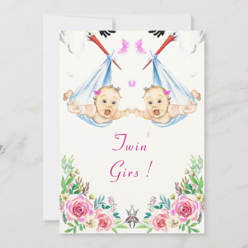 Twin Girls  Happy Stork Baby Shower Invitation