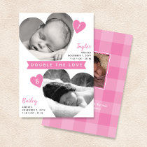 Twin Girls Heart Frames Pink Photo Collage Birth Announcement