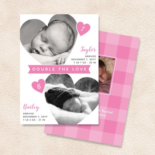 Twin Girls Heart Frames Pink Photo Collage Birth Announcement