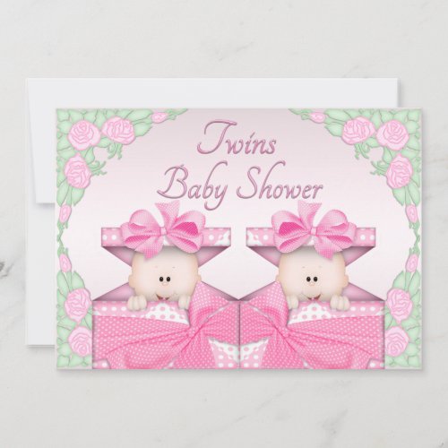 Twin Girls in Gift Box Roses Baby Shower Invitation