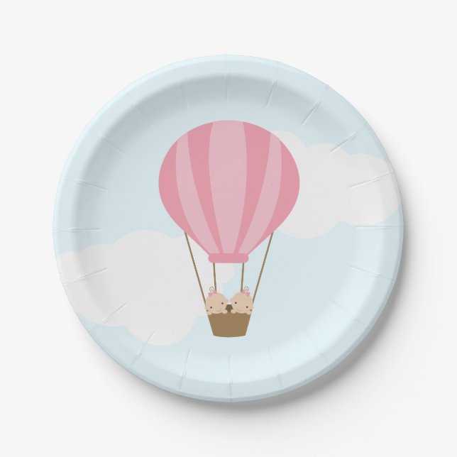 Twin Girls in Hot Air Balloon Baby Shower Paper Plates (Front)