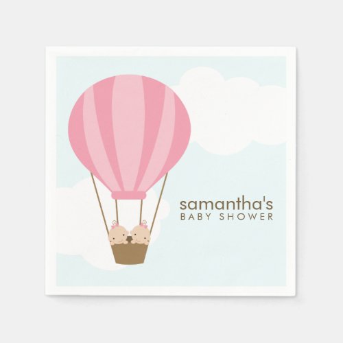 Twin Girls in Pink Hot Air Balloon Baby Shower Paper Napkins