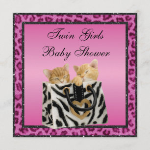 Twin Girls Kittens Pink Leopard Print Baby Shower Invitation