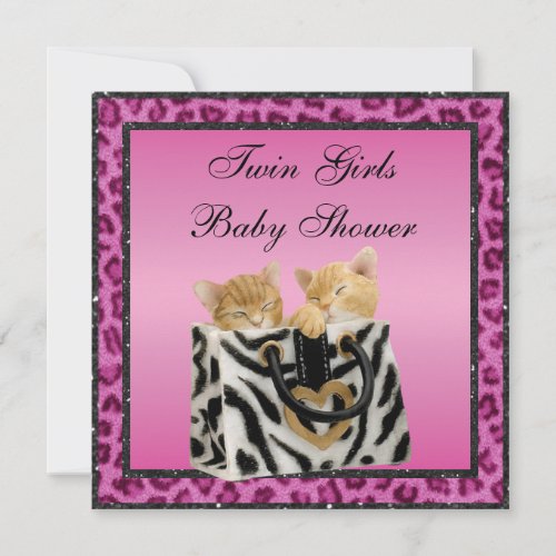 Twin Girls Kittens Pink Leopard Print Baby Shower Custom Invites