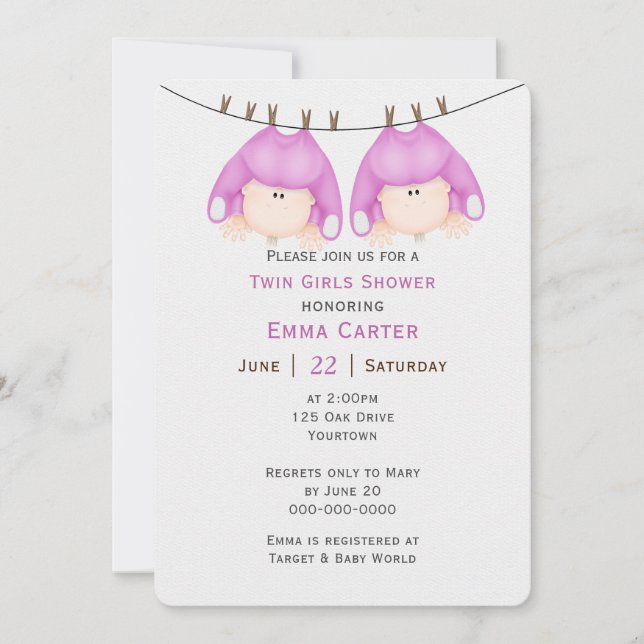 Twin Girls On Clothesline Baby Shower  Invitation (Front)