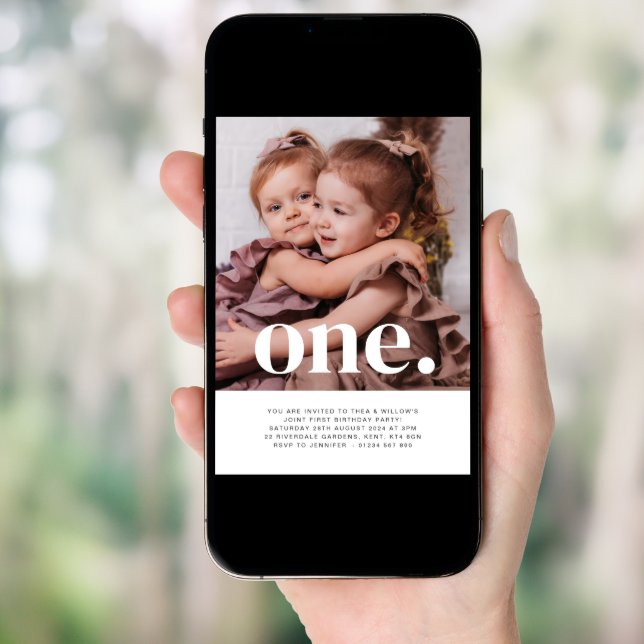 Twin Girls - One - Photo 1st Birthday Invitation  (Front Digital)