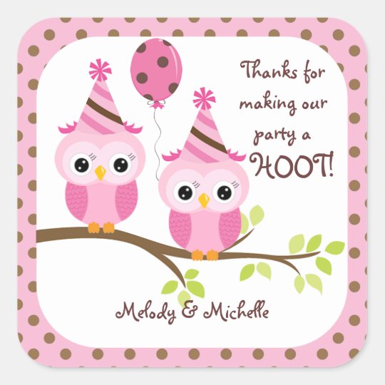 Twin Girls Owl Birthday Thank You Square Sticker | Zazzle.com