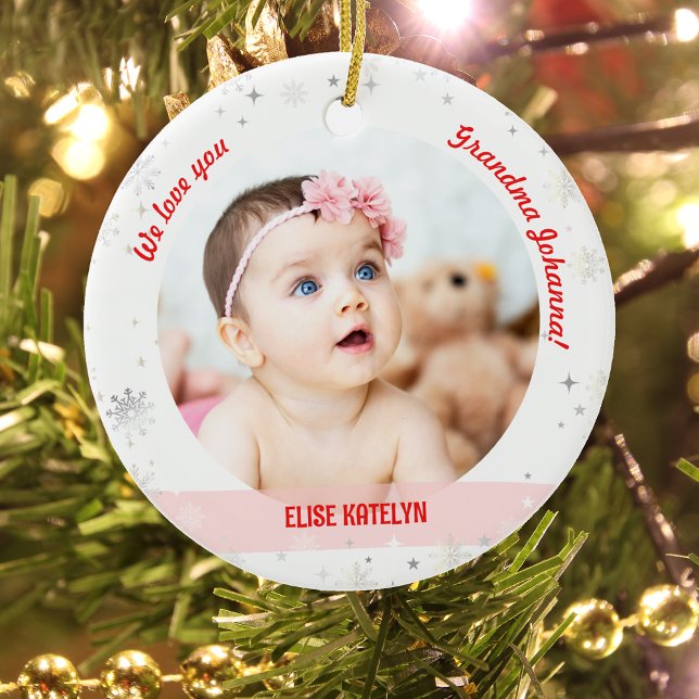 Twin Girls Photo Grandma Cute First Christmas Baby Ceramic Ornament (Modern We love you, Grandma! First Christmas as Grandmother of Twin Baby Girls. 2 Photos. Snowflakes)