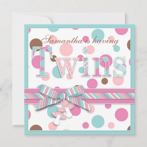 TWIN GIRLS Pink Aqua Brown Dots Baby Shower Custom Announcements