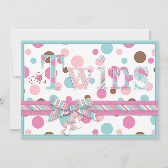 TWIN GIRLS Pink Aqua Brown Dots Baby Shower Invitation (Front)