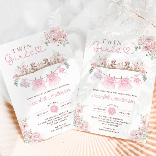 Twin Girls Pink Baby Clothes Girl Baby Shower Invitation