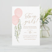 Twin Girls Pink Balloon Eucalyptus Baby Shower Invitation (Standing Front)