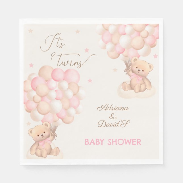 Twin Girls Pink Bear Balloons Baby Shower Napkins (Front)