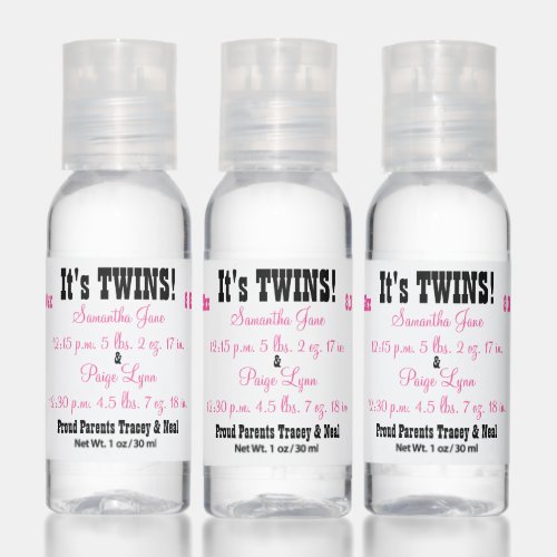 Twin Girls Pink Birth Stats Hand Sanitizer