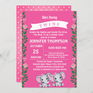 Twin Girls Pink Elephant Invitation