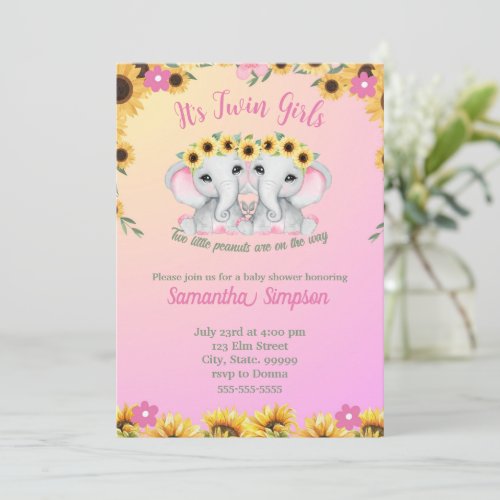 Twin Girls Pink Elephant Sunflower Baby Shower  Invitation