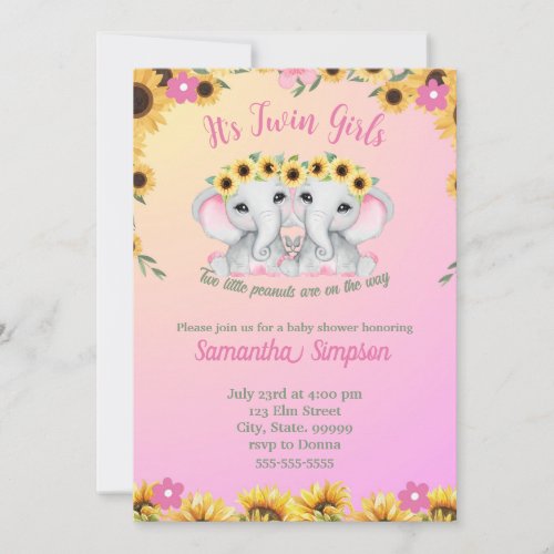 Twin Girls Pink Elephant Sunflower Baby Shower  Invitation