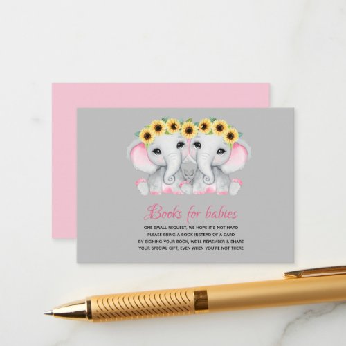 Twin girls pink elephants with sunflower wreaths enclosure card