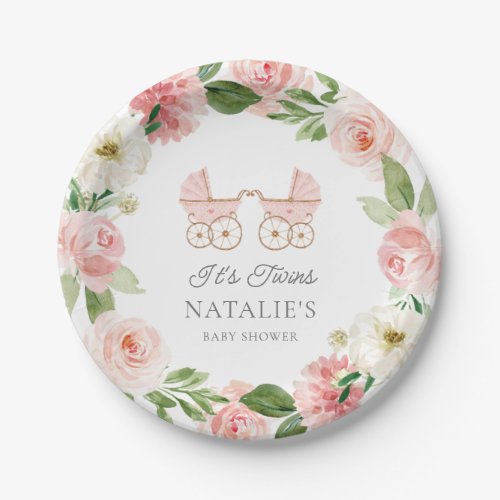 Twin Girls Pink Floral Baby Shower Paper Plate
