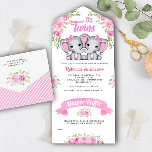 Twin Girls Pink Floral Elephant Baby Shower All In One Invitation
