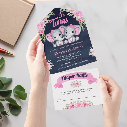 Twin Girls Pink Floral Elephant Navy Baby Shower All In One Invitation