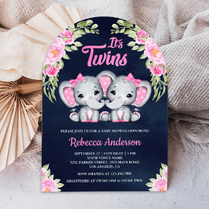 Twin Girls Pink Floral Elephant Navy Baby Shower Invitation