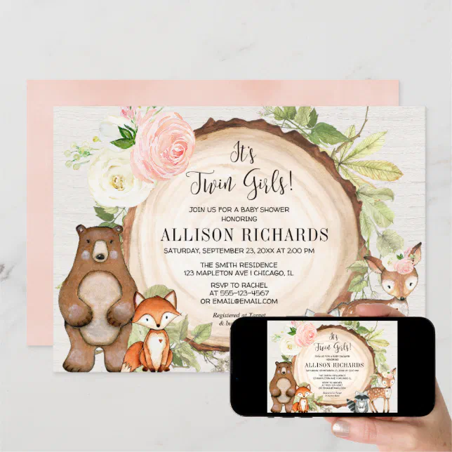 Twin girls pink floral rustic woodland baby shower invitation | Zazzle