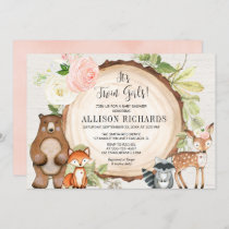 Twin girls pink floral rustic woodland baby shower invitation