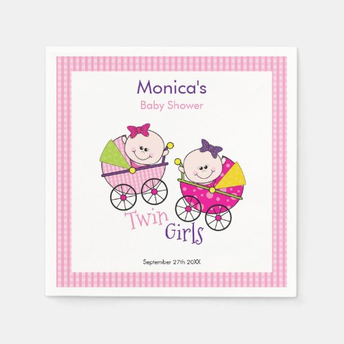 Twin Girls Pink Gingham Baby Shower Napkin