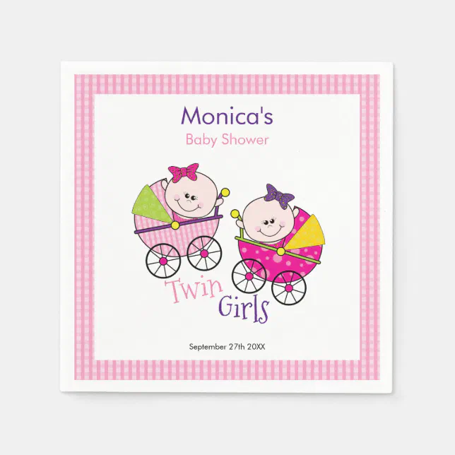 Twin Girls Pink Gingham Baby Shower Napkin Zazzle