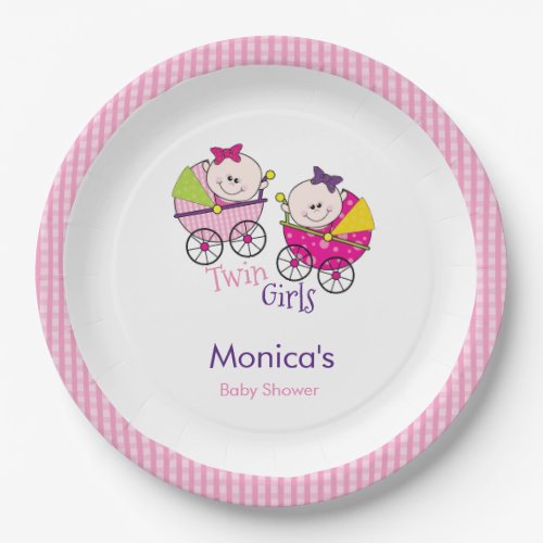 Twin Girls Pink Gingham Baby Shower Paper Plate