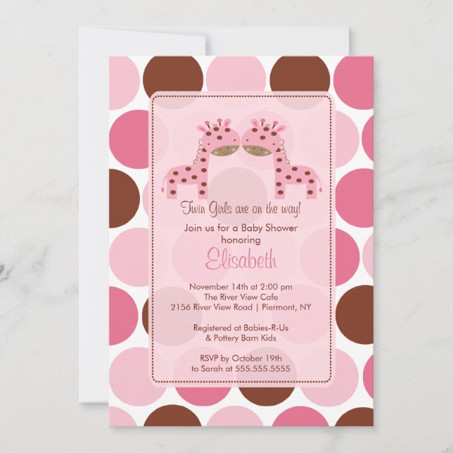 Twin Girls Pink Giraffe Baby Shower Invitation (Front)