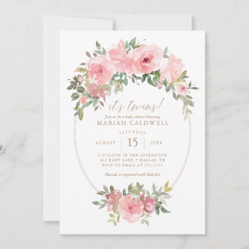 Twin Girls Pink Gold Floral Greenery Baby Shower Invitation