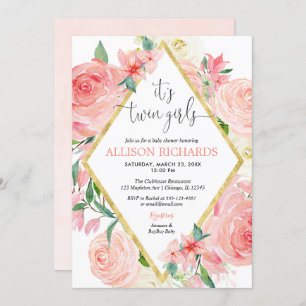 Twin girls pink gold floral watercolor baby shower invitation