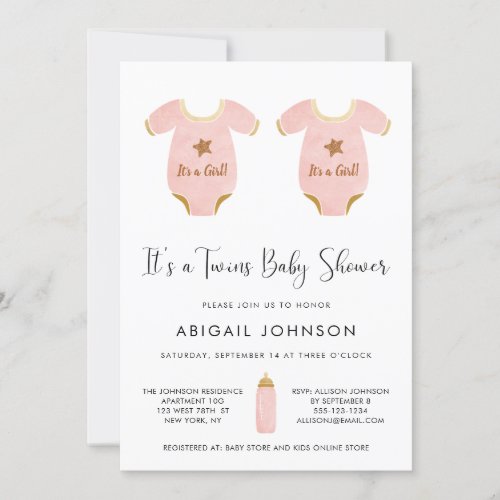 Twin Girls Pink Gold Watercolor Retro Baby Shower Invitation