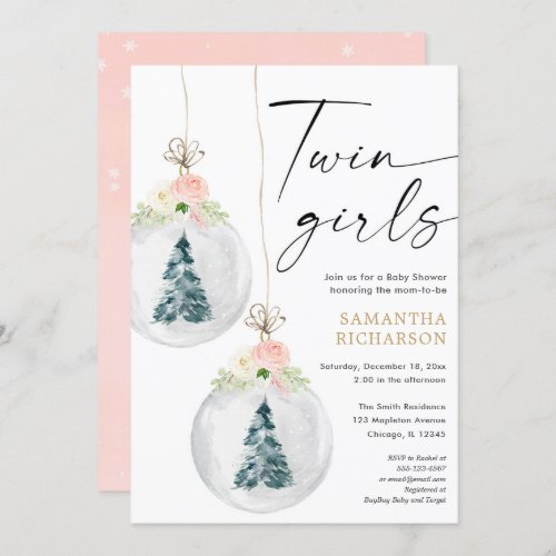 Twin Girls pink gold Winter Christmas baby shower Invitation