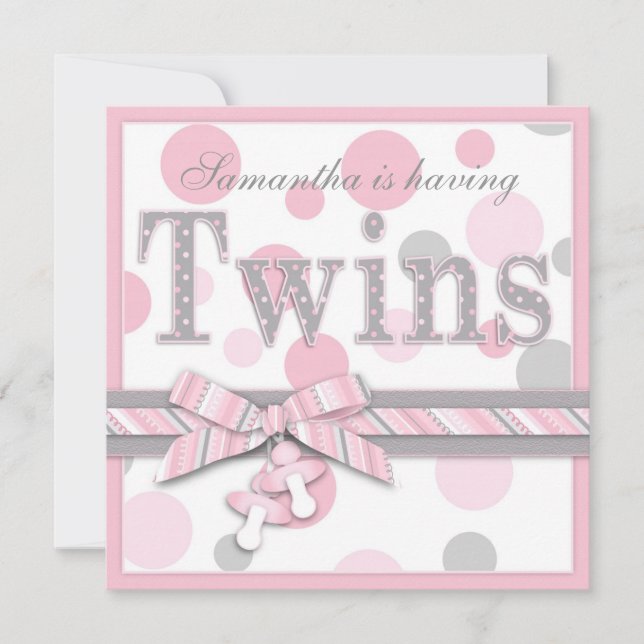 TWIN GIRLS Pink Gray Dots Baby Shower Invitation (Front)
